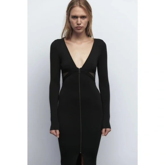 Zara Long Sleeve V-Neck Midi Dress With Tonal Fabric Detail Front Zip, Size  S